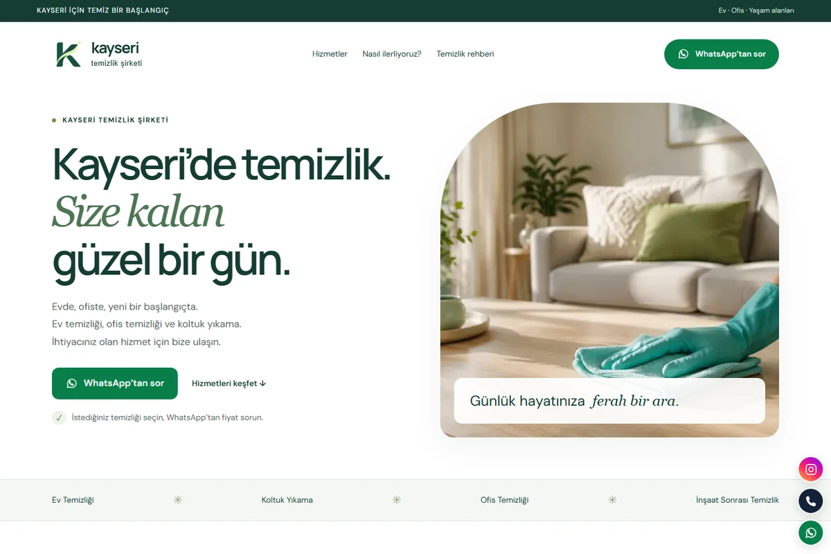 Kayseri Temizlik sitesinin yeşil başlıkları, temizlik görseli ve WhatsApp düğmesi bulunan ana sayfası