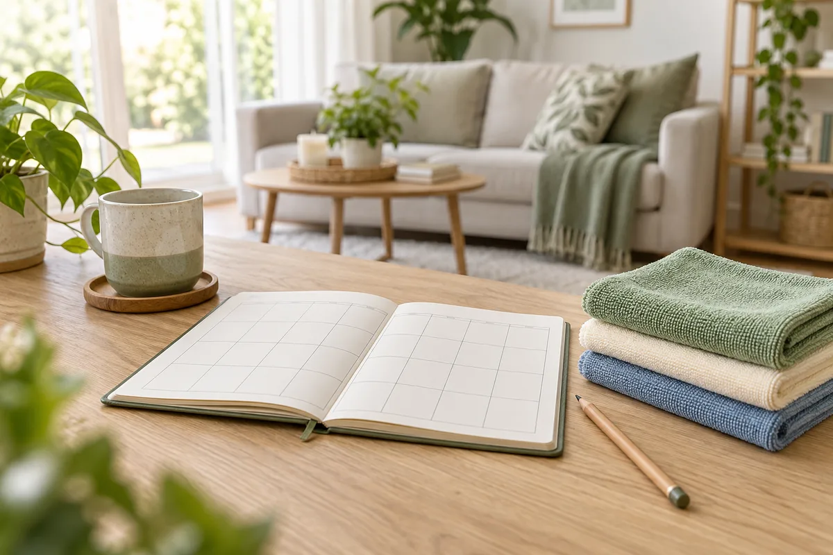Ev temizliği görevlerini planlamak için defter, kalem ve mikrofiber bezler